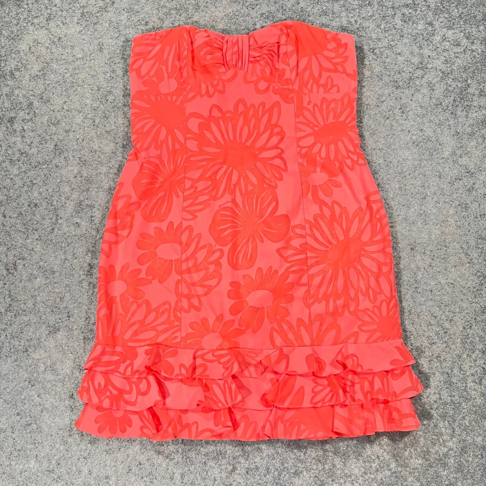 Lilly Pulitzer Dress Womens 12 Orange Floral Strapless Ruffle Hem Summer Preppy